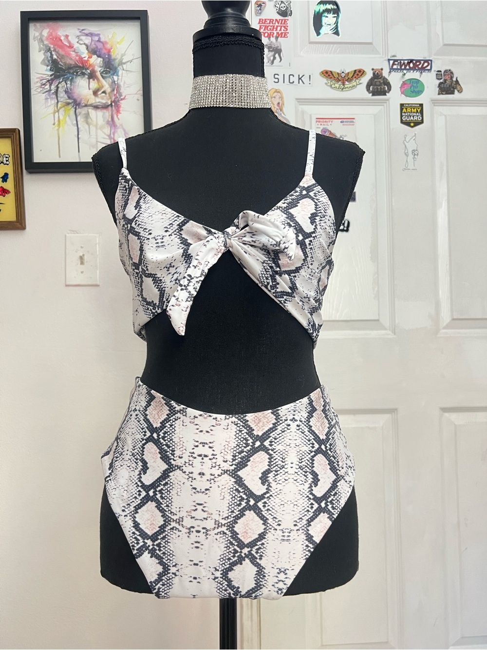 Snake Print Knot Front Bikini Set - Neutral Tones